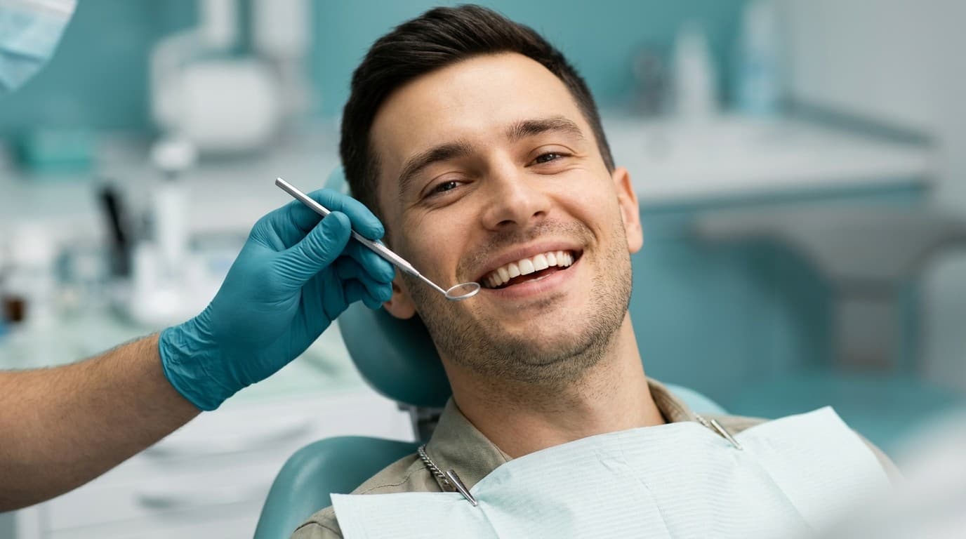 Pasien tersenyum di klinik gigi